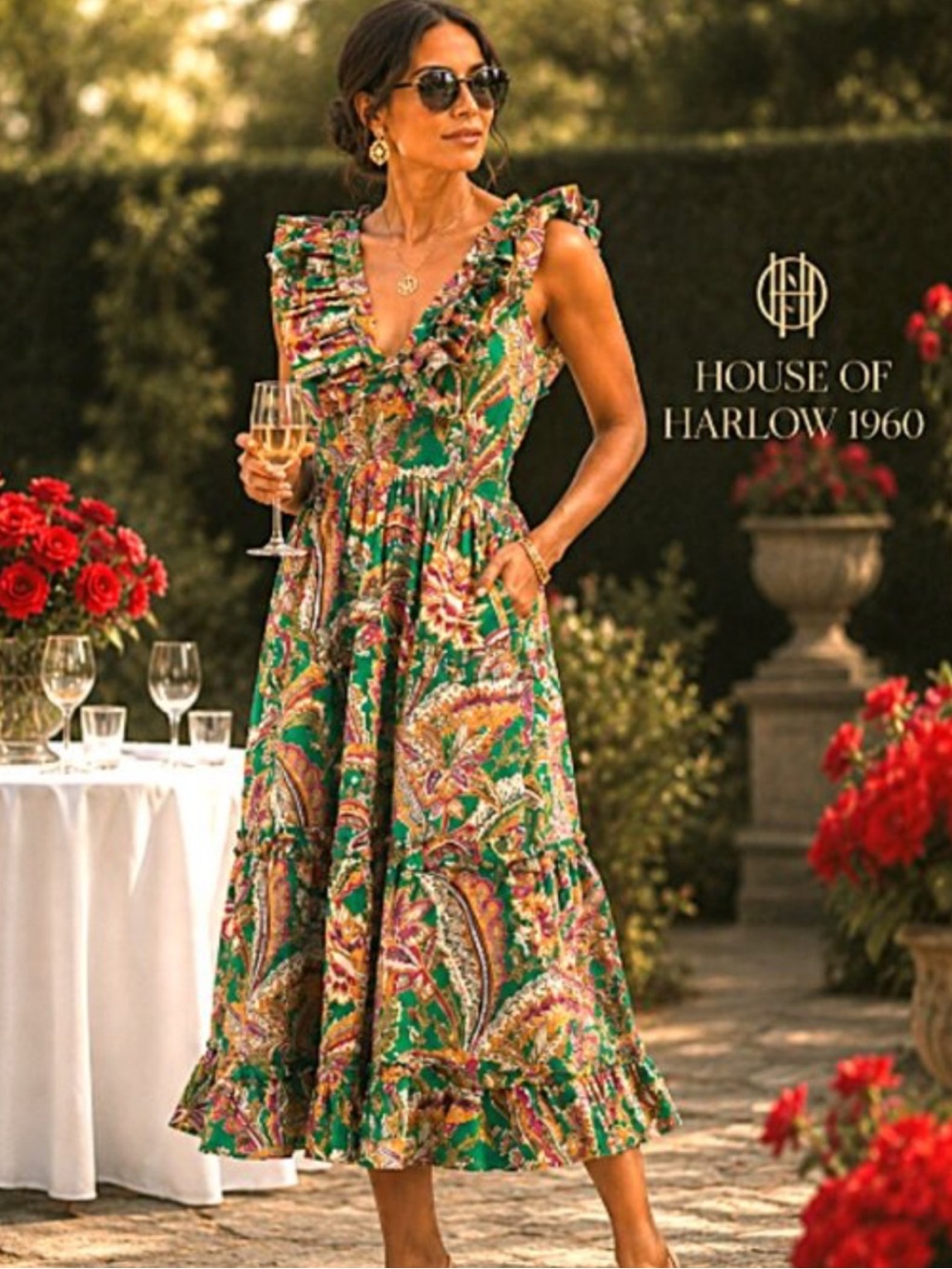 House of Harlow 1960 Green Floral Ruffle Maxi Dress with Pink and Gold Accents